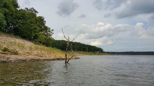 Scenic view of lake against cloudy sky