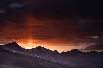 Scenic view of snowcapped mountains against sky during sunset