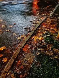 High angle view of wet street during rainy season