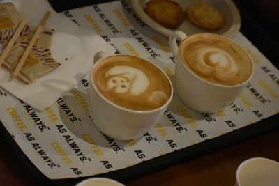 High angle view of coffee on table