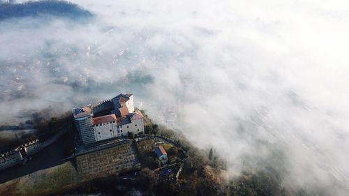 High angle view of buildings against sky