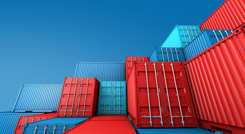 Low angle view of building against clear blue sky