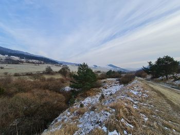 Scenic view of field against sky during winter