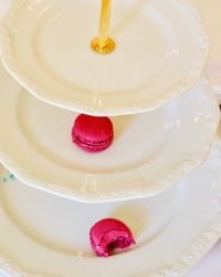 High angle view of macaroons on cakestand
