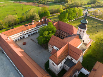 High angle view of buildings and trees