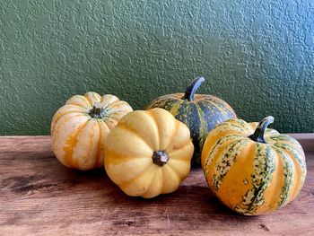 High angle view of pumpkins on table