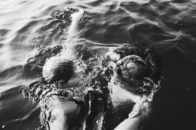 High angle view of couple swimming in lake