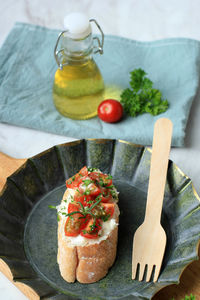 High angle view of food in plate on table