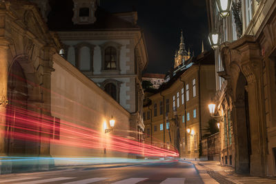 Light trails through prague cobbled streets 