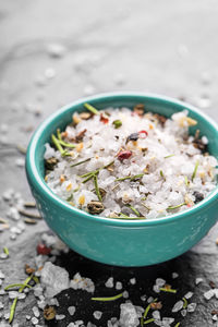 High angle view of fresh food in bowl on table