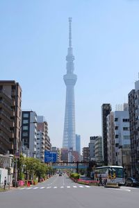 View of city street and buildings against sky