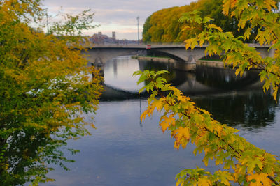 Arch bridge over river during autumn