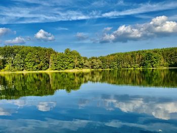 Scenic view of lake by trees against sky