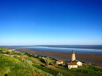 Scenic view of sea against clear blue sky