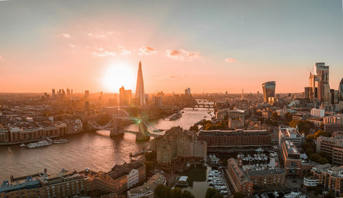 Aerial view of the london tower bridge at sunset.