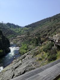 Scenic view of river amidst mountains against clear sky