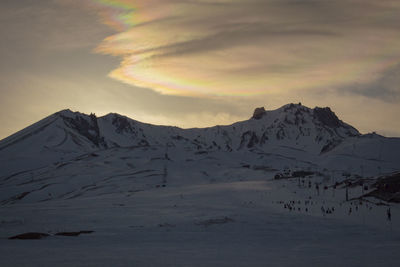 Scenic view of snowcapped mountains against sky during sunset