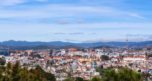 High angle shot of townscape against sky