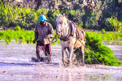 Full length of man with dog by water