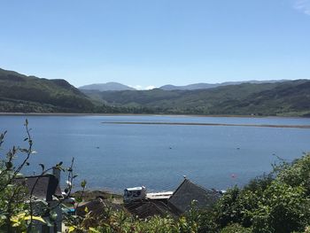 High angle view of boats in lake against clear sky