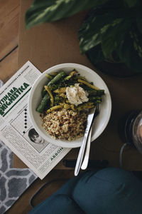 High angle view of food in plate on table