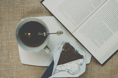 High angle view of open book on table