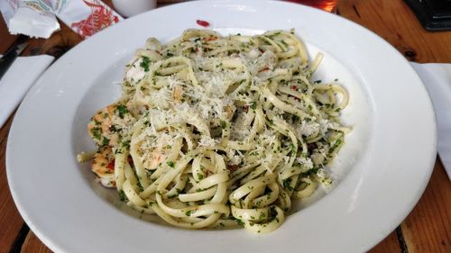 High angle view of pasta in plate on table