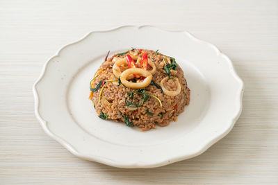 High angle view of food in plate on table