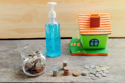 High angle view of coins on table