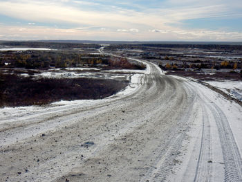 Aerial view of city street during winter