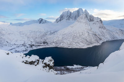 Scenic view of snowcapped mountains against sky
