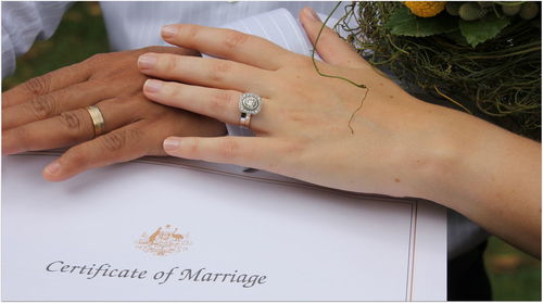 Cropped hands of wedding couple with marriage certificate