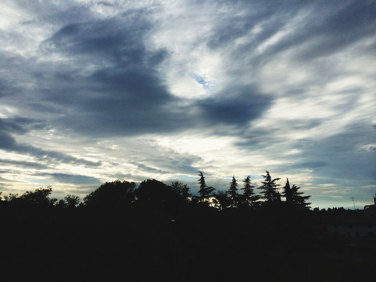 sky, silhouette, tree, cloud - sky, tranquility, tranquil scene, cloudy, beauty in nature, scenics, nature, low angle view, cloud, growth, landscape, dusk, overcast, outdoors, idyllic, weather, no people