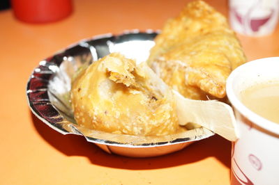 Close-up of samosa in plate on table