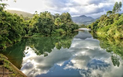 Scenic view of lake against cloudy sky