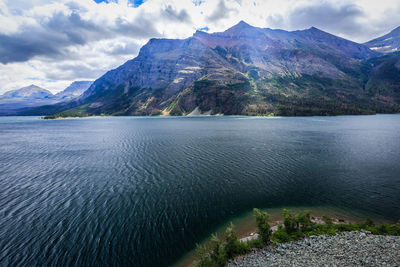 Scenic view of lake and mountains against cloudy sky