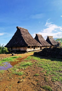 Houses on field against sky