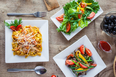 High angle view of meal served on table