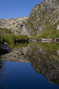 Scenic view of lake and mountains against clear blue sky