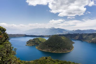 Scenic view of lake and mountains against sky