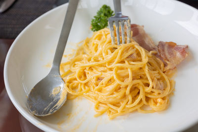 High angle view of noodles served in plate