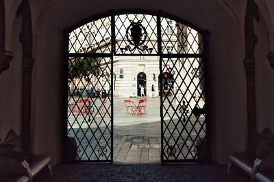 Exterior of building seen through window