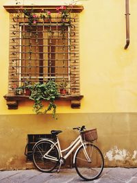 Women's bicycle with basket leaning under a window with flowers