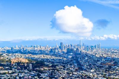 Aerial view of cityscape against cloudy sky