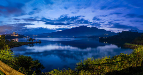 Scenic view of sea and mountains against sky