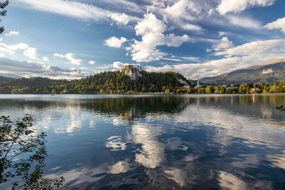 Scenic view of calm lake against cloudy sky
