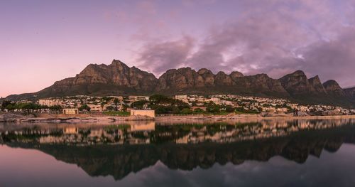 Scenic reflection of rocky mountains in calm lake