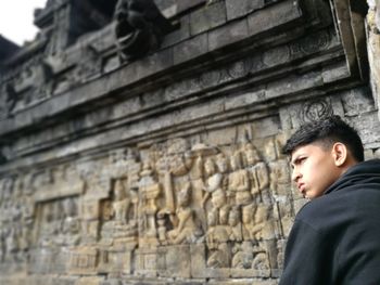 Rear view of man looking away against borobudur temple