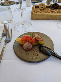 High angle view of breakfast served on table