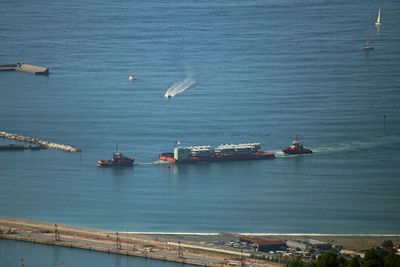 High angle view of ship sailing on sea